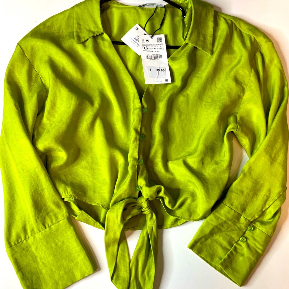 Zara Green Oversized Front Tie Crop Top